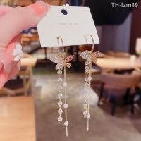 ? เครื่องประดับ S925 silver needle super fairy long bow earrings small temperament senior design feeling crystal fashion stud earrings earrings