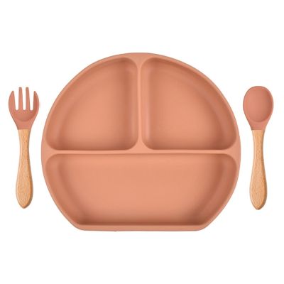 Baby Food Grade Silicone Feeding Plate with Matching Wood Handle Spoon Fork Set Toddlers Divided Non-Slip Bowl Tableware