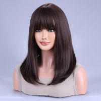 【LZ】♗✺  Black Brown Synthetic Wig with Bangs Middle Long Straight Curly Wigs for Women Cosplay Daily Party Heat Resistant Fiber Hair