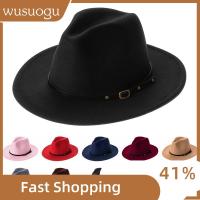 WUSUOGU แฟชั่น พร้อมหัวเข็มขัด ฤดูใบไม้ร่วงฤดูหนาว หมวกแจ๊สปานามา Outback Hat หมวก Fedora สักหลาด หมวกคาวบอย