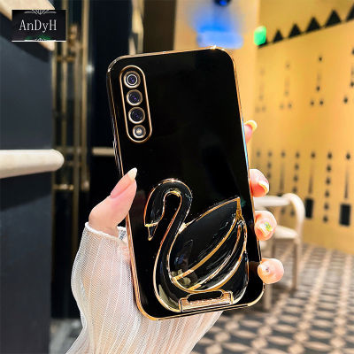 AnDyH Phone case For Huawei Y6P Case New 3D Swan Retractable Stand Phone Case Plating Soft Silicone Shockproof Casing Protective Back Cover