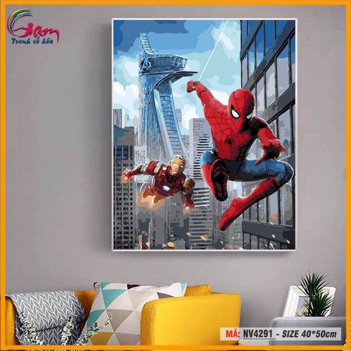 Tranh trang trí tự tô màu theo số TRANHSOHOAVN người nhện và người sắt Spider  man và Iron man NV4291 