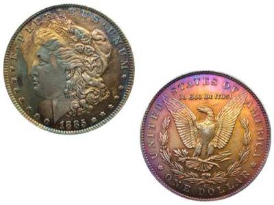 เหรียญซิลคิวโปรนิกเกิลชุบเงินจากอเมริกา1885ซีซีมอร์แกนหนึ่งดอลลาร์เราวางใจได้ว่าเหรียญเทียม
