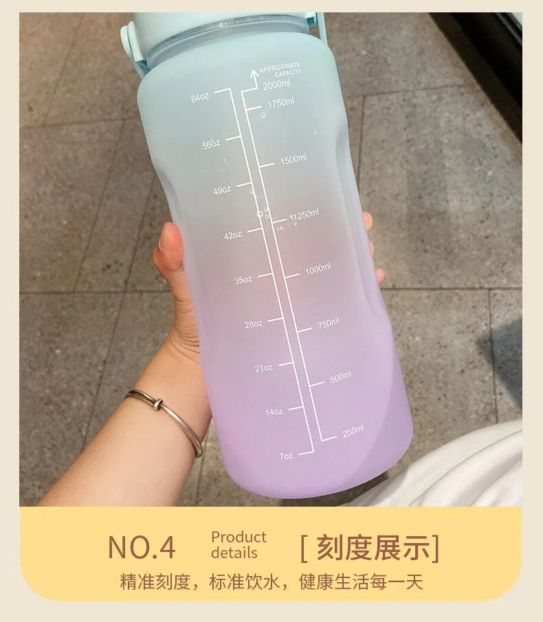 2 Liter Water Bottle With Straw Female Girls Large Portable Travel Bottles  Sports Fitness Cup Summer Cold Water With Time Scale 