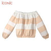 iCONiC CREAM BIG STRIPS TOP #2478 เสื้อผญ เสื้อเปิดไหล่ ลายทาง สีครีม สีขาว อก32-40" เสื้อยาว17" แขนยาว20" ต้นแขน14" เสื้อชายทะเล เสื้อออกงาน เสื้อแฟชั่น