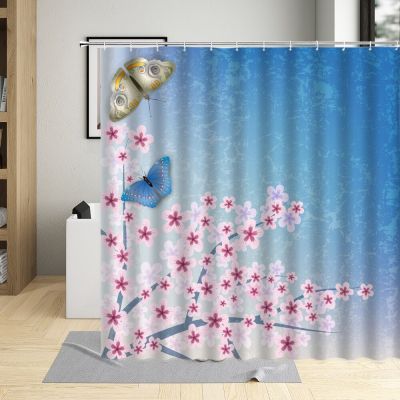 Pink Cherry Blossom Shower Curtain Flower Butterfly Bathroom Home Decor Plum Blossom Floral Curtains Hooks Polyester Fabric Sets