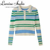 LAREINE เสื้อถักนิตติ้งสำหรับผู้หญิงเสื้อถักสเวตเตอร์พอดีตัวบางลายทางสไตล์เกาหลีเสื้อโปโลแขนยาวของผู้หญิง