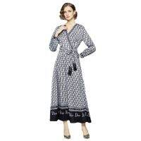 Women Dress Spot Real Shot-Fashion Elegant Long Sleeve Bow Cinched  Printed MAXI Dress