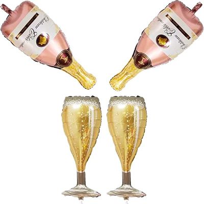 Lamontuo แว่นตาถ้วยไวน์ขวดแชมเปญสีชมพูขนาดใหญ่,4ชิ้นฟอยล์ฮีเลียมบอลลูนสำหรับงานเลี้ยงตกแต่งฉลองวันเกิด