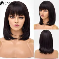 Black Straight Short Daily Hair Synthetic Wigs With Bangs White Women Cosplay Party Natural Heat Resistant Female Fiber Wig Wig  Hair Extensions Pads