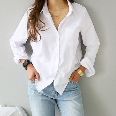 ‘；’ White Women Shirt Long Sleeve Casual Turn Down Collar Workwear Office Lady Buttons Soft Solid Feminine Top Fashion New