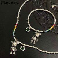 [ladies jewelry] FOXANRY 925แสตมป์สร้อยคอสร้อยข้อมือเครื่องประดับแนวโน้มสตริงที่เรียบง่ายของการออกแบบลูกปัดหมีเพทายจี้พรรคเครื่องประดับ