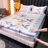 Satin Bed Sheets for Summer Ice Smooth Mattress Cover 180x200 Floral Printed Bed Fitted Sheets 150x200 (pillowcase need order)