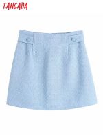 Tangada Women Buttoned Tab Tweed Mini Skirt Vintage High Waist Back Zipper Office Lady Skirts BE523