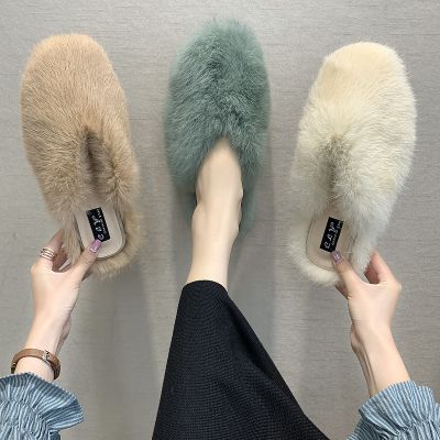 2022 NEW Fur Shoes Ladies Slippers Luxury Slides Cover Toe Butterfly-Knot Slipers Women Loafers Female Mule Low Plush Designer