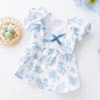 Blue Backless Pet Dogs Clothes Summer Leaf Japanese Style Dress Gauze Skirt Puppy Yorkshire Small Girl Princess Dress Chihuahua Clothing Shoes Accesso