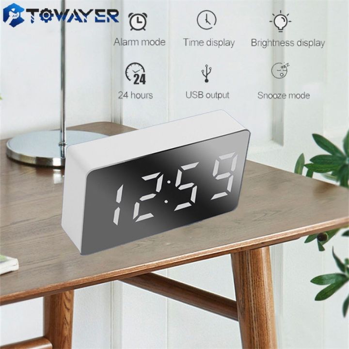 LED Mirror Table Clock Digital Alarm Snooze Display Time Night Light ...