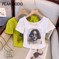 PEAR DODO เสื้อยืดแขนสั้นเปิดไหล่คอกลมพิมพ์ลายเด็กผู้หญิงสไตล์เกาหลี