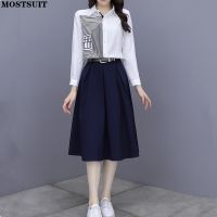 Workwear Two Piece Skirt Sets Women Printed Shirt &amp; Belted High Waisted Skirt 2022 Autumn Fashion Elegant Ladies Skirt Sets