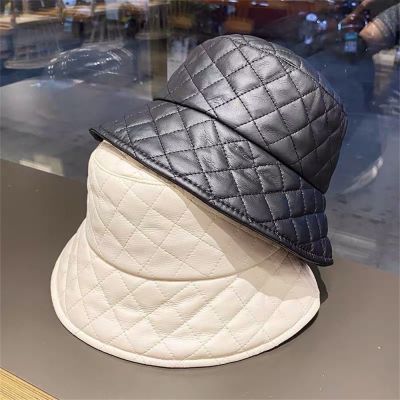[hot]New Women Winter Bucket Hat Warm PU Lattice Fisherman Cap Casual Panama Hat Lady Outdoor Sunscreen Sun Cap