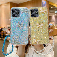 เคสใส่โทรศัพท์ Realme รูปผีเสื้อน่ารักเคสซิลิโคนนิ่ม C53NFC C53 Realmec51ฝาหลังเป็นประกายหรูหราพร้อมสายคล้องมือ Realme C53 NFC 2023