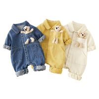 Autumn Denim Baby Jumpsuits Cute Pocket Bear Romper for Boys Girls Newborn Overalls Korean Toddler Onesie Spring Kids Clothing