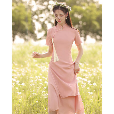 Aodai Cheongsam 2021สาวสีชมพูรุ่นปรับปรุงชุดสาวย้อนยุคสไตล์จีน