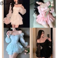 COD DSFGREYTRUYTU (XS-4XL)) 2022 Spring Fashion Women chic Chiffon Puff Sleeve High Waist Slim Casual Cake Dress