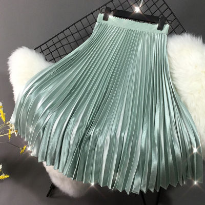 2022 Spring And Summer New Korean Style Metallic Satin Pleated Skirt A- Line Skirt Mid-Length Womens