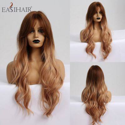 Easihair ไล่เฉดสีสังเคราะห์สีดำถึงสีน้ำตาลวิกผมผู้หญิงวิกผมมีหน้าม้าแอฟโฟรความหนาแน่นสูงวิกผมคอสเพลย์หยัก