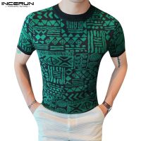 INCERUN เสื้อยืดถักแขนสั้นพิมพ์ลาย