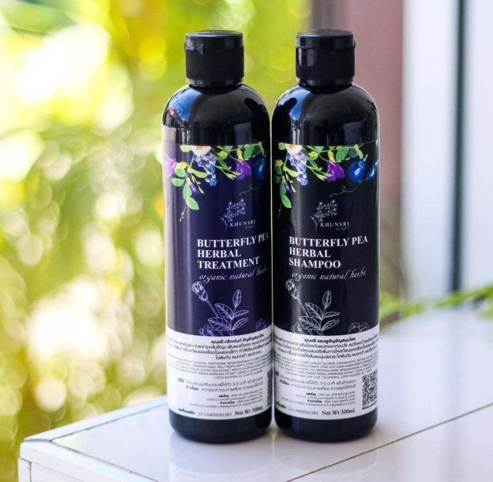 แชมพูคุณศรี-เซตคู่-2-ชิ้น-khunsri-butterfly-pea-herbal-shampoo-organic-300ml-butterfly-pea-herbal-treatment-organic-300-ml-ตัวดังใน-tiktok