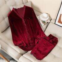 2021 New V-Neck Gold Velvet Cardigan Pajamas Autumn And Winter Ladies Sexy Lace Long-Sleeved Pajamas Homewear Two-Piece Suit