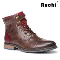 RUCHI รองเท้าบูทผู้ชายแฟชั่นหนังกันลื่นใส่สบาย,รองเท้าบูทหุ้มข้อหนังคาวบอย0Utdoors รองเท้าผู้ชายขนาด7-13