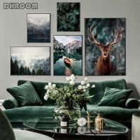 Huilishop Nordic Fog Forest Landscape Painting - Deer Animal Wall Art Print