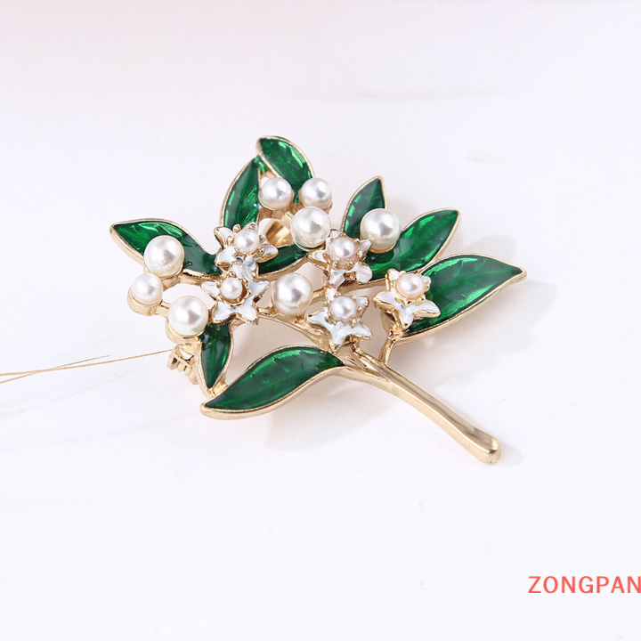 zongpan-เข็มกลัดแฟชั่นเคลือบสีขาวลายดอกไม้สีเขียวใบไข่มุกเข็มกลัดที่มีคุณภาพสูงเครื่องประดับเสื้อยกทรงแบบสร้างสรรค์สำหรับผู้หญิงผ้าพันคอหัวเข็มขัด