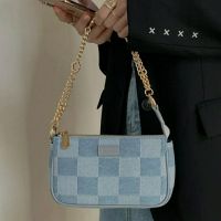 MBTI Blue Denim Shoulder Bag Women Floral Chains Hand Bags Fashion 2022 Plaid Bolso Mujer Casual Daily Street Sac A Main Femme