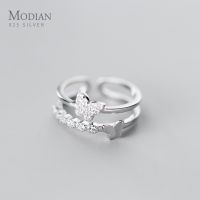 Modian Shiny Zircon Cute Butterfly Geometric Line Double Circle Sterling Silver 925 Ring for Women Free Size Ring Fine Jewelry