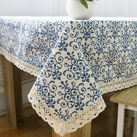 Cotton Linen Tablecloth China Blue and White Porcelain Pattern Printed Table Covers with Lace Advanced Gift Decor Dropshipping