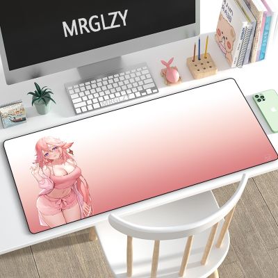 Pink Genshin Impact Mouse Pad แผ่นรองเมาส์ขนาดใหญ่ แผ่นรองเมาส์เกมมิ่ง Yae Miko แผ่นรองเมาส์คีย์บอร์ด แผ่นรองเมาส์กันลื่น 40 * 90 ซม