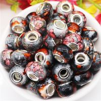 ◕∏ 10Pcs New Black Color Flower Marble Patterns Big Hole Round Loose Spacer Beads Charms Fit Pandora Bracelet Necklace Garden Decor