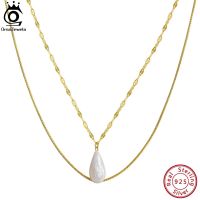 ORSA JEWELS 925 Silver Pearl Necklace Box Chain with Drop-Shaped Freshwater Pearl Pendants Double Layer Necklace Jewelry GPN15