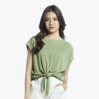 ME STYLE มีสไตล์ เสื้อยืดผ้าร่อง ไหล่ล้ำ ชายผูก สีพื้น ไซส์ S-XL GREEN (เขียว)