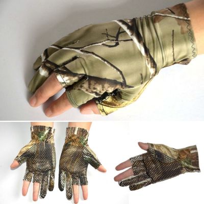 Camo Fishing Gloves Camouflage Anti-Slip Elastic Thin Mitten 3 Fingers Cut Camping Cycling Half-Finger