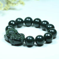 Natural Hetian Jade 16mm Beads Tiger Elastic Bangle Bracelet Charm Jewellery Fashion Carved Pixiu Amulet Gifts for Men Woman