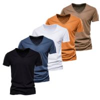 AIOPESON 5 Pcs ยี่ห้อ T Shirt ชายเสื้อลำลองสีทึบเข้ารูปพอดีเสื้อยืดคอวีใหม่ผู้ชายฤดูร้อน100% Cotton T เสื้อสำหรับชาย