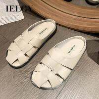 IELGY รองเท้าแตะผู้หญิง Baotou ส้นแบน Slip-On ชายหาดกลวงลากครึ่งโรมัน