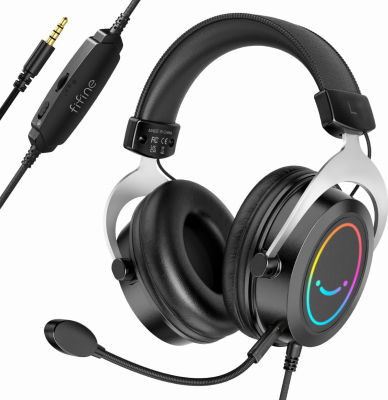FIFINE Gaming Headset with Detachable Microphone, Over-Ear Headset Wired with Passive Noise Canceling, 3.5mm Audio Jack, RGB, for Switch, Xbox, PC, PS4/PS5 Controller, Gamer Headset-AmpliGame H3