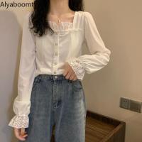 New Korean Ulzzang Spring Autumn Women Velvet Shirt White Black Square Collar Lace Buttons Crop Top Streetwear Long-Sleeved Top