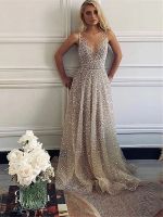 ZZOOI Luxury Gold Sequins Beads Prom Dresses Sleeveless V-Neck A-line Wedding Woman Party Evening Gown Cocktail Dress Vestidos Fashion